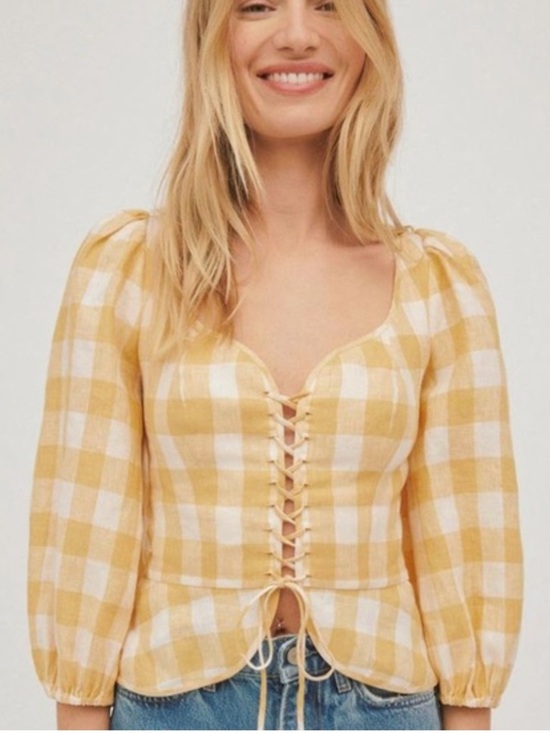 Reformation Tops - Reformation Barrett Top yellow gingham sweetheart‎ neck 100%Linen Size 12